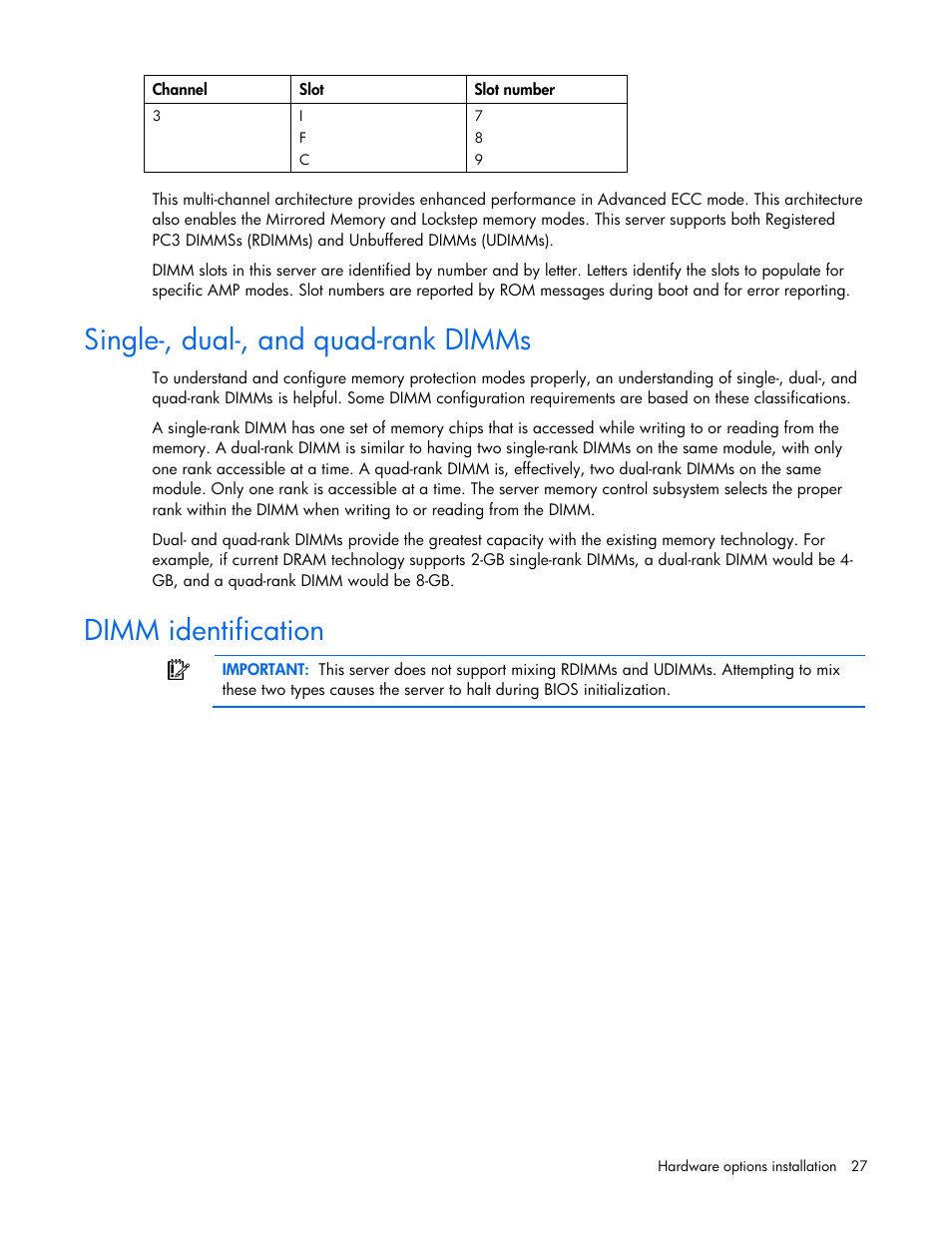 Single-, dual-, and quad-rank dimms, Dimm identification | HP PROLIANT DL320 G6 User Manual | Page 27 / 105