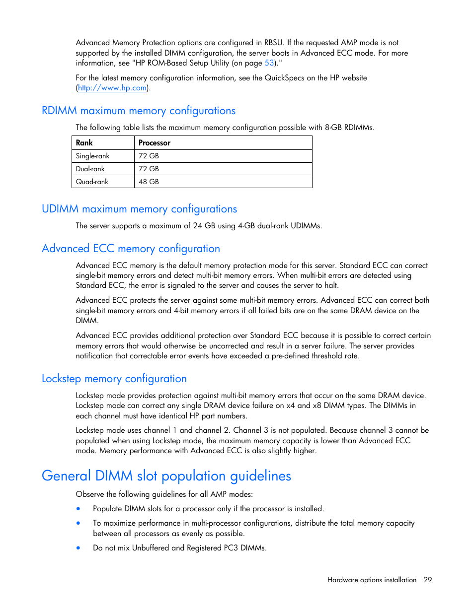 Rdimm maximum memory configurations, Udimm maximum memory configurations, Advanced ecc memory configuration | Lockstep memory configuration, General dimm slot population guidelines | HP PROLIANT DL320 G6 User Manual | Page 29 / 105