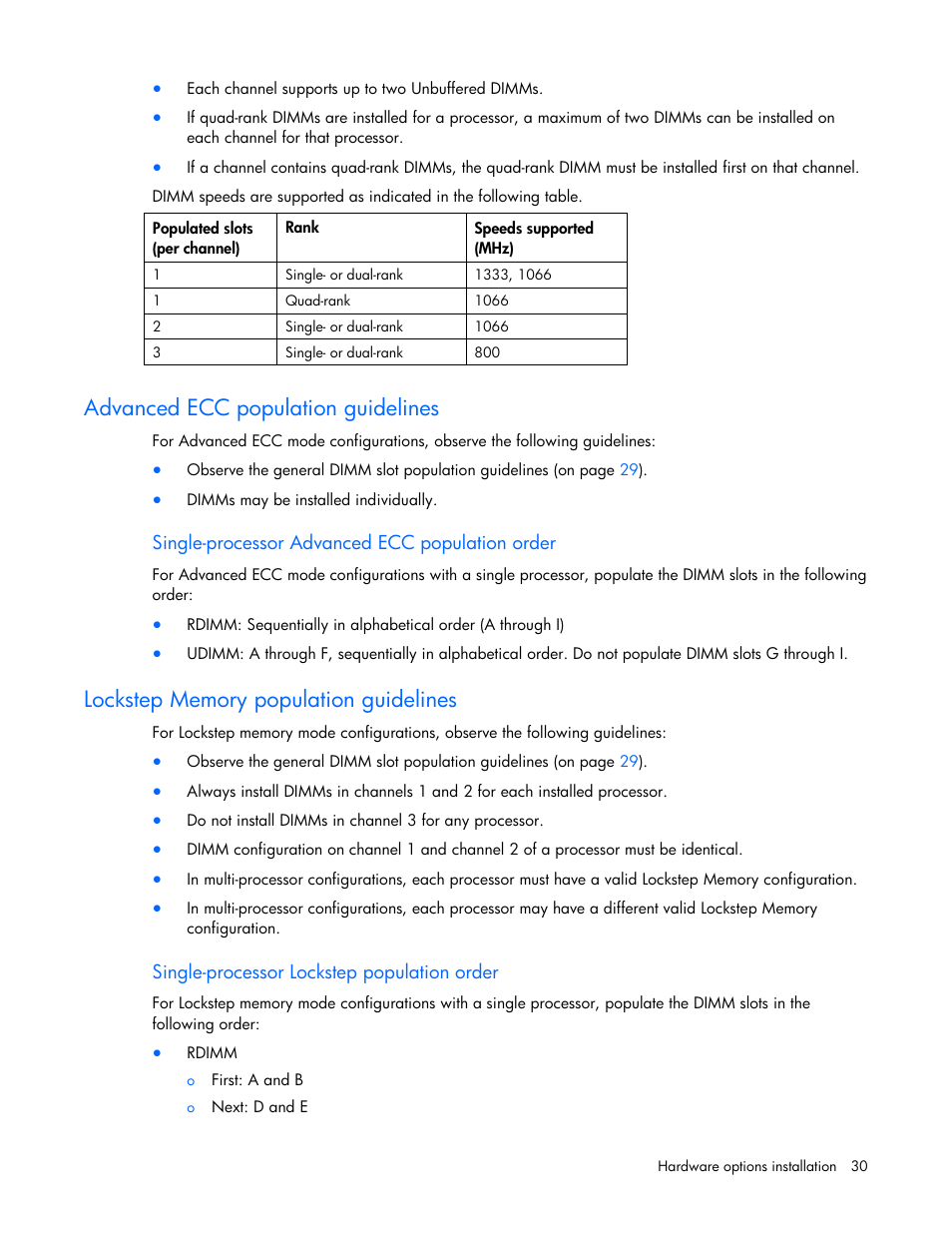 Advanced ecc population guidelines, Single-processor advanced ecc population order, Lockstep memory population guidelines | Single-processor lockstep population order | HP PROLIANT DL320 G6 User Manual | Page 30 / 105