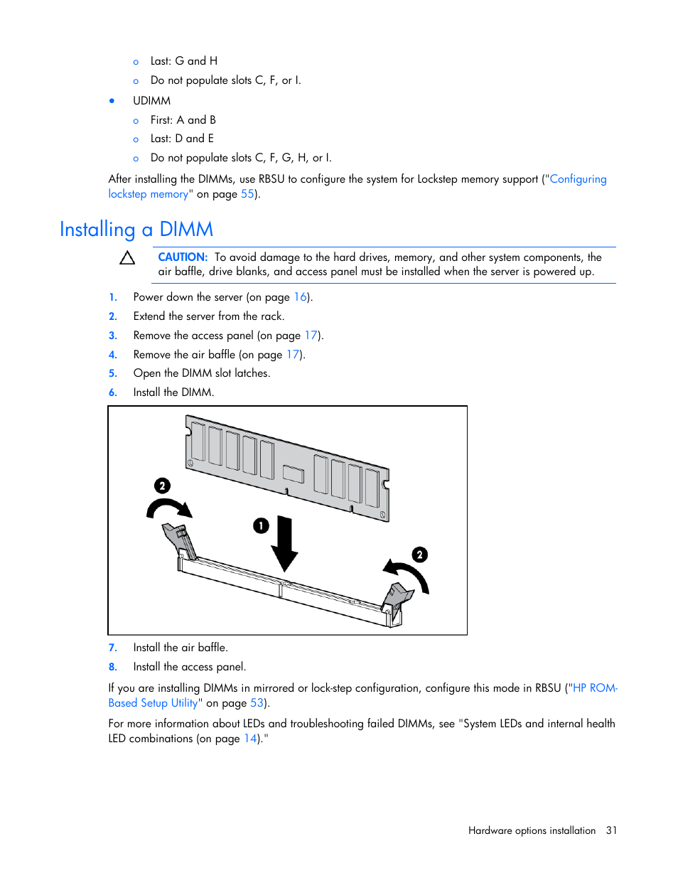 Installing a dimm | HP PROLIANT DL320 G6 User Manual | Page 31 / 105