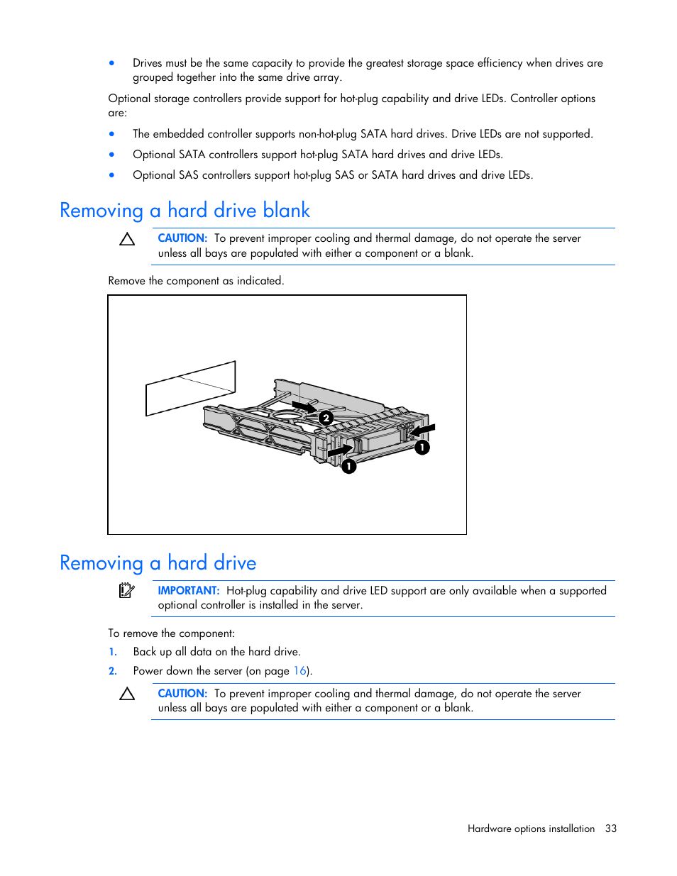 Removing a hard drive blank, Removing a hard drive, Removing a hard drive blank removing a hard drive | HP PROLIANT DL320 G6 User Manual | Page 33 / 105