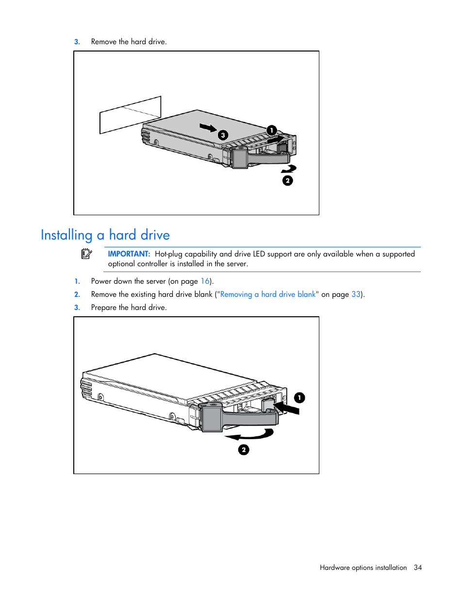 Installing a hard drive | HP PROLIANT DL320 G6 User Manual | Page 34 / 105