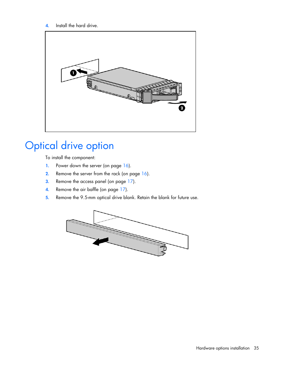 Optical drive option | HP PROLIANT DL320 G6 User Manual | Page 35 / 105