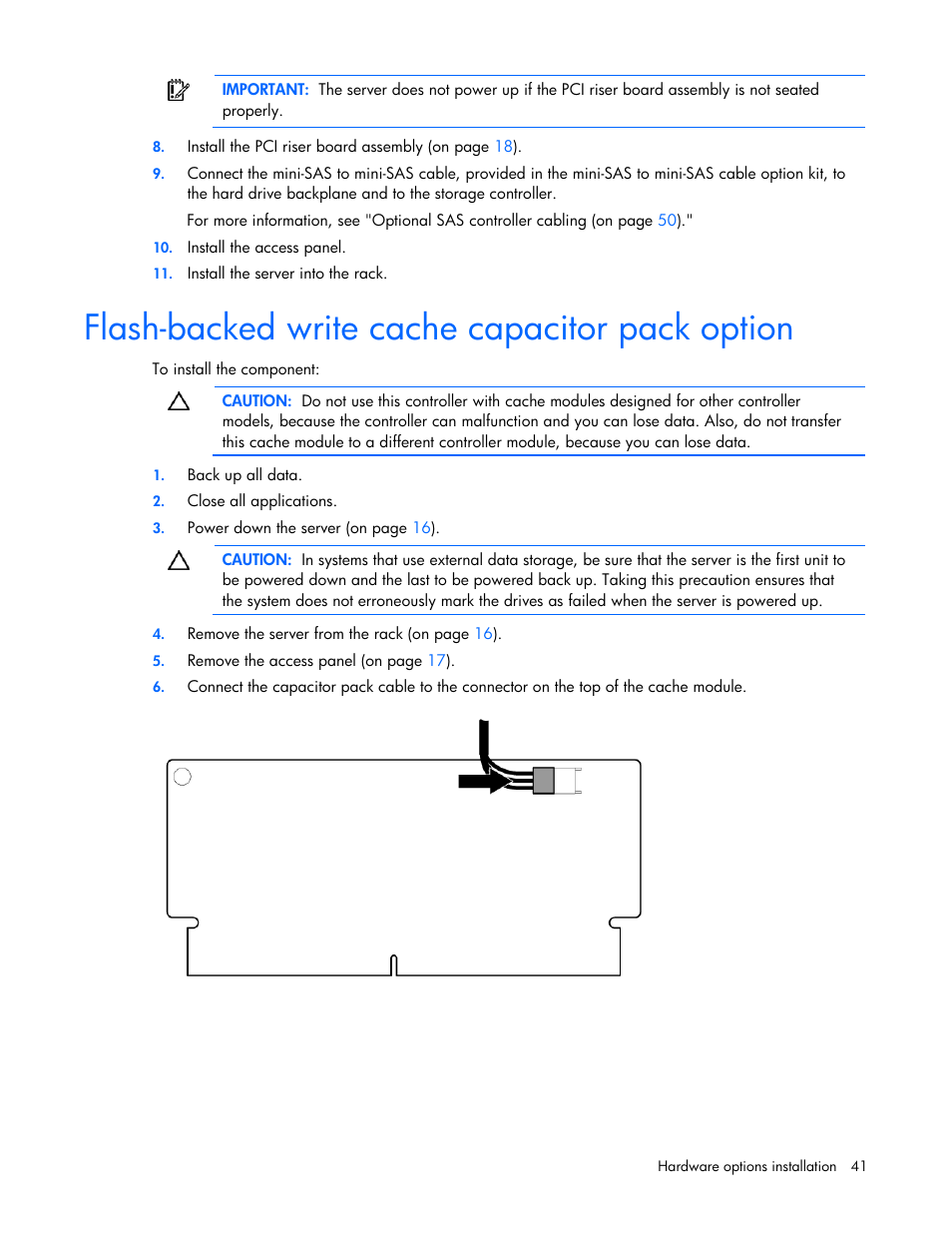Flash-backed write cache capacitor pack option | HP PROLIANT DL320 G6 User Manual | Page 41 / 105