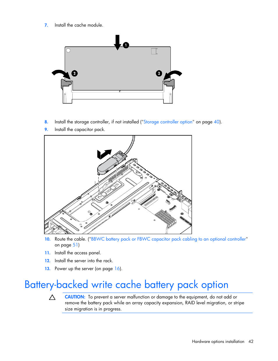 Battery-backed write cache battery pack option | HP PROLIANT DL320 G6 User Manual | Page 42 / 105