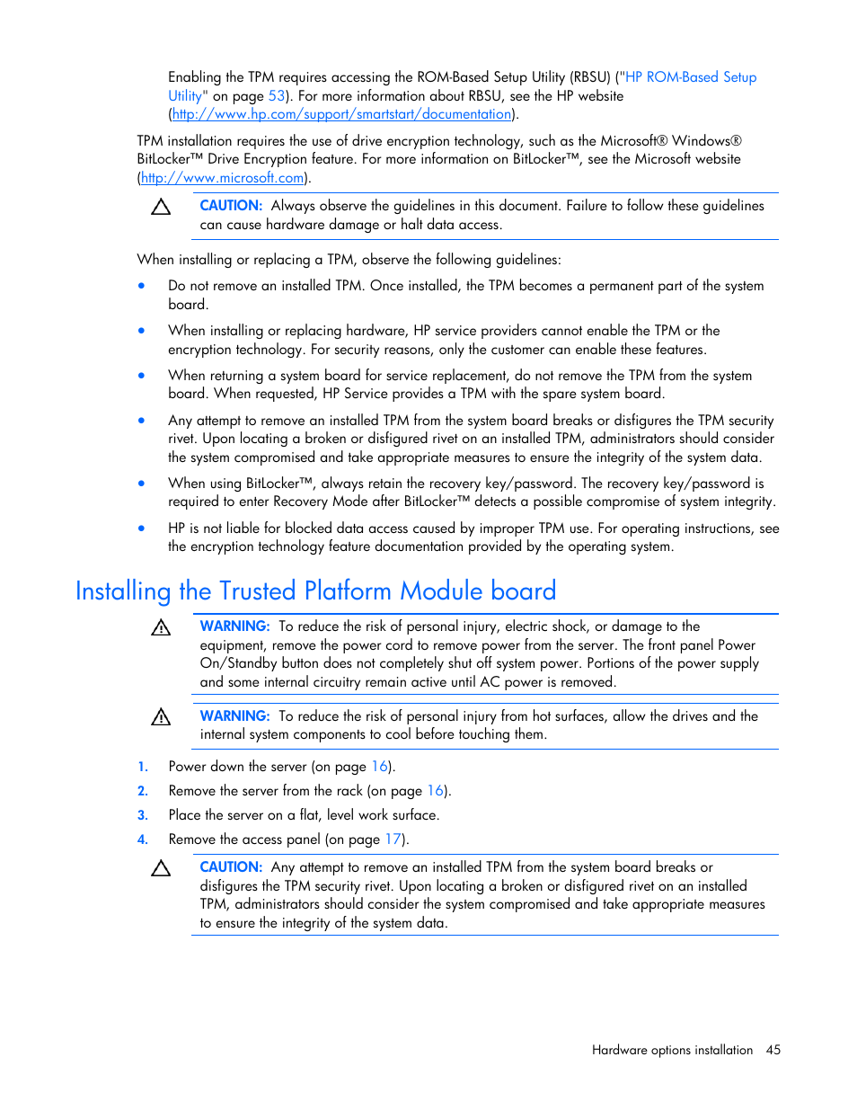 Installing the trusted platform module board | HP PROLIANT DL320 G6 User Manual | Page 45 / 105