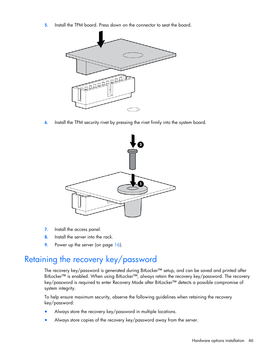 Retaining the recovery key/password | HP PROLIANT DL320 G6 User Manual | Page 46 / 105