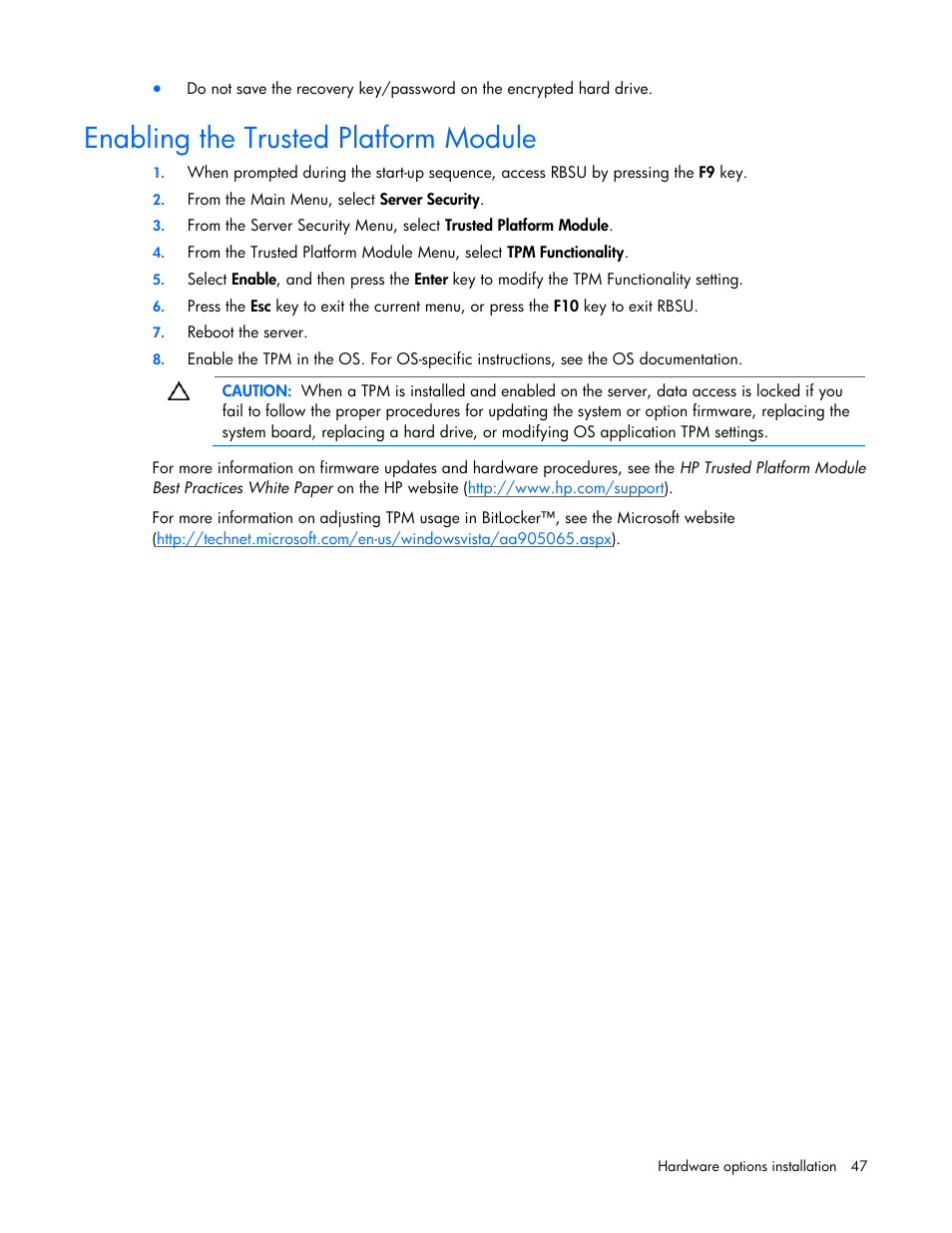 Enabling the trusted platform module | HP PROLIANT DL320 G6 User Manual | Page 47 / 105