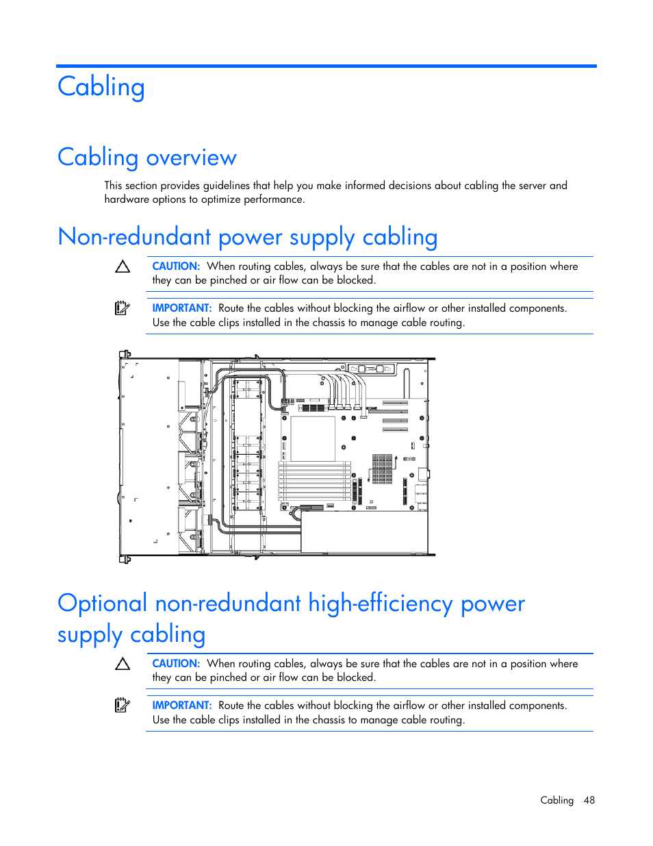 Cabling, Cabling overview, Non-redundant power supply cabling | HP PROLIANT DL320 G6 User Manual | Page 48 / 105