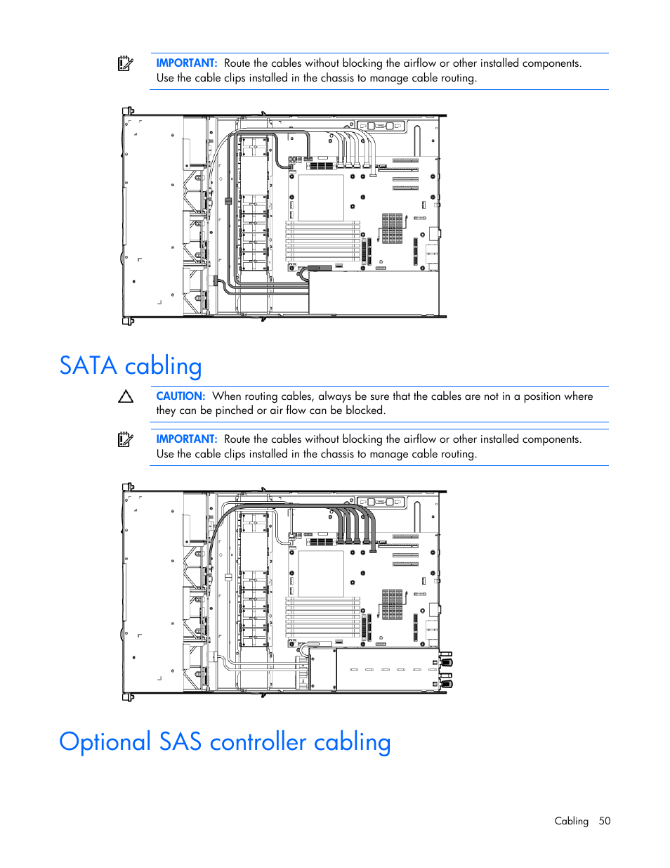 Sata cabling, Optional sas controller cabling, Sata cabling optional sas controller cabling | HP PROLIANT DL320 G6 User Manual | Page 50 / 105
