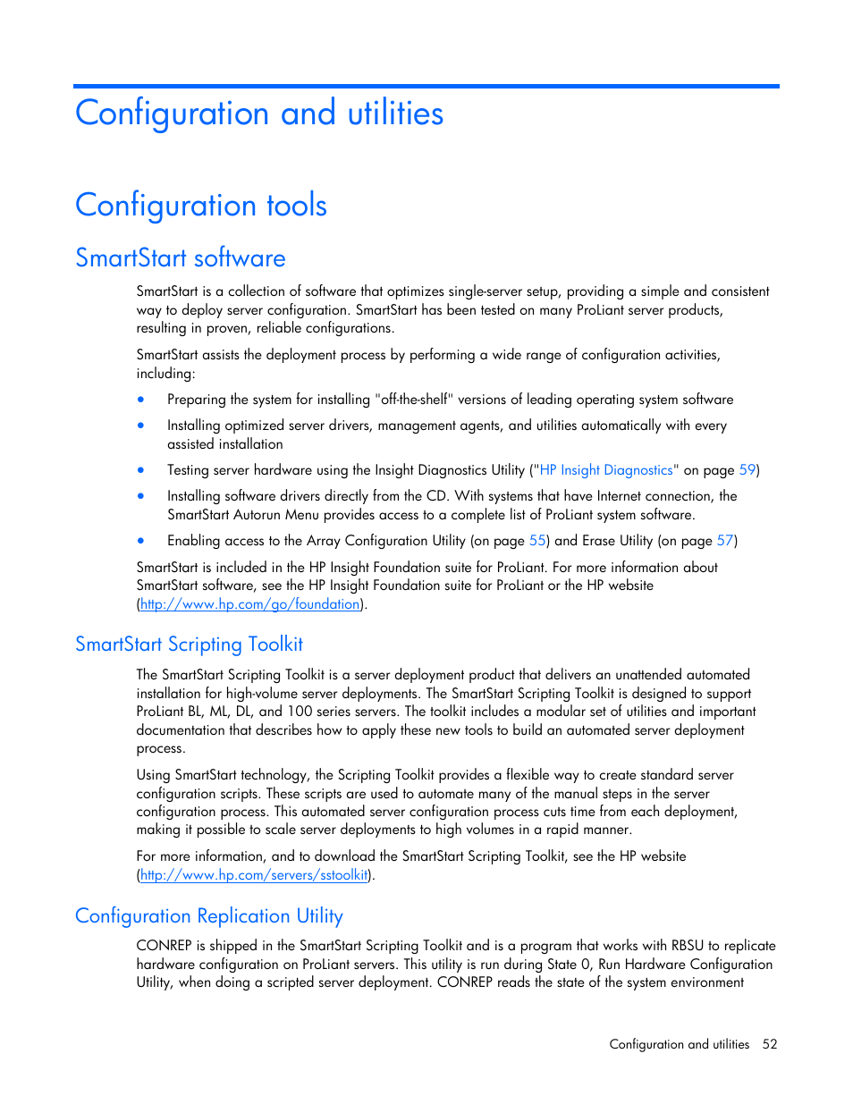 Configuration and utilities, Configuration tools, Smartstart software | Smartstart scripting toolkit, Configuration replication utility | HP PROLIANT DL320 G6 User Manual | Page 52 / 105