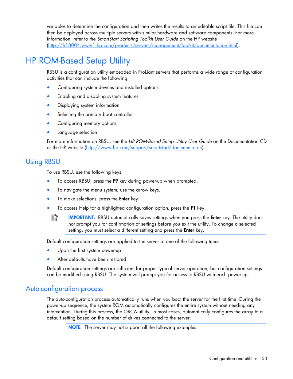 Hp rom-based setup utility, Using rbsu, Auto-configuration process | Hp rom, Based setup utility, Hp rom-based setup, Utility | HP PROLIANT DL320 G6 User Manual | Page 53 / 105