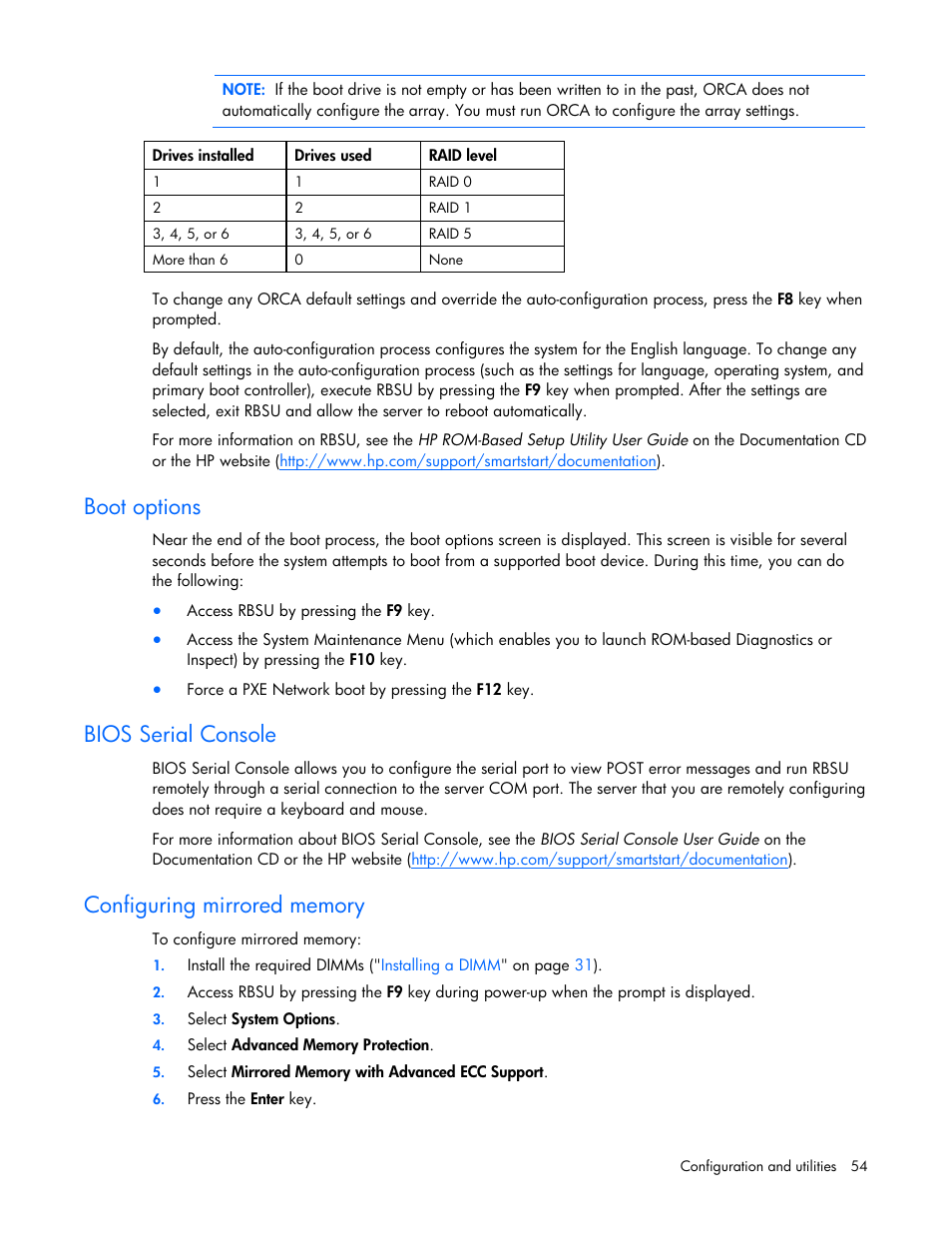 Boot options, Bios serial console, Configuring mirrored memory | HP PROLIANT DL320 G6 User Manual | Page 54 / 105