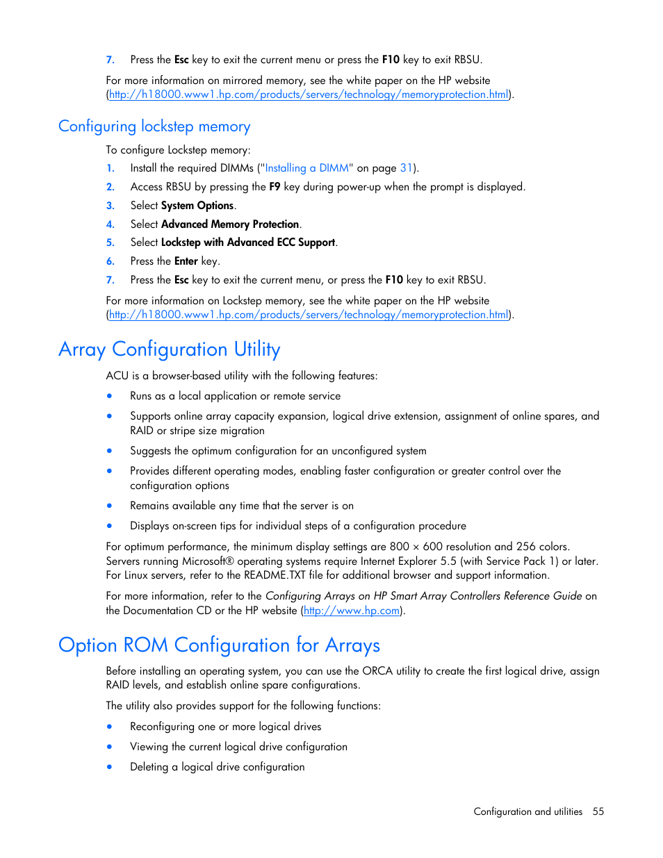 Configuring lockstep memory, Array configuration utility, Option rom configuration for arrays | Configuring, Lockstep memory | HP PROLIANT DL320 G6 User Manual | Page 55 / 105