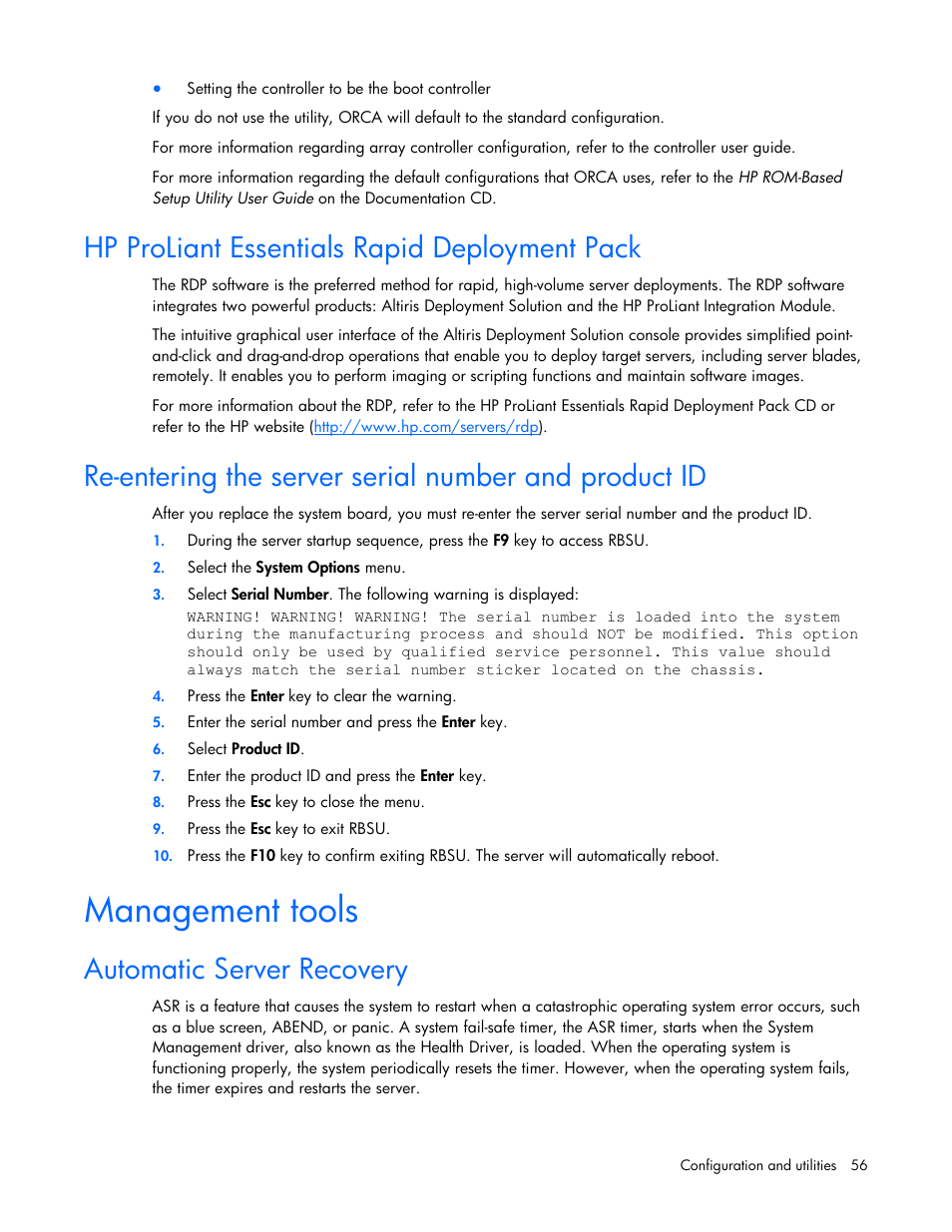 Hp proliant essentials rapid deployment pack, Management tools, Automatic server recovery | HP PROLIANT DL320 G6 User Manual | Page 56 / 105