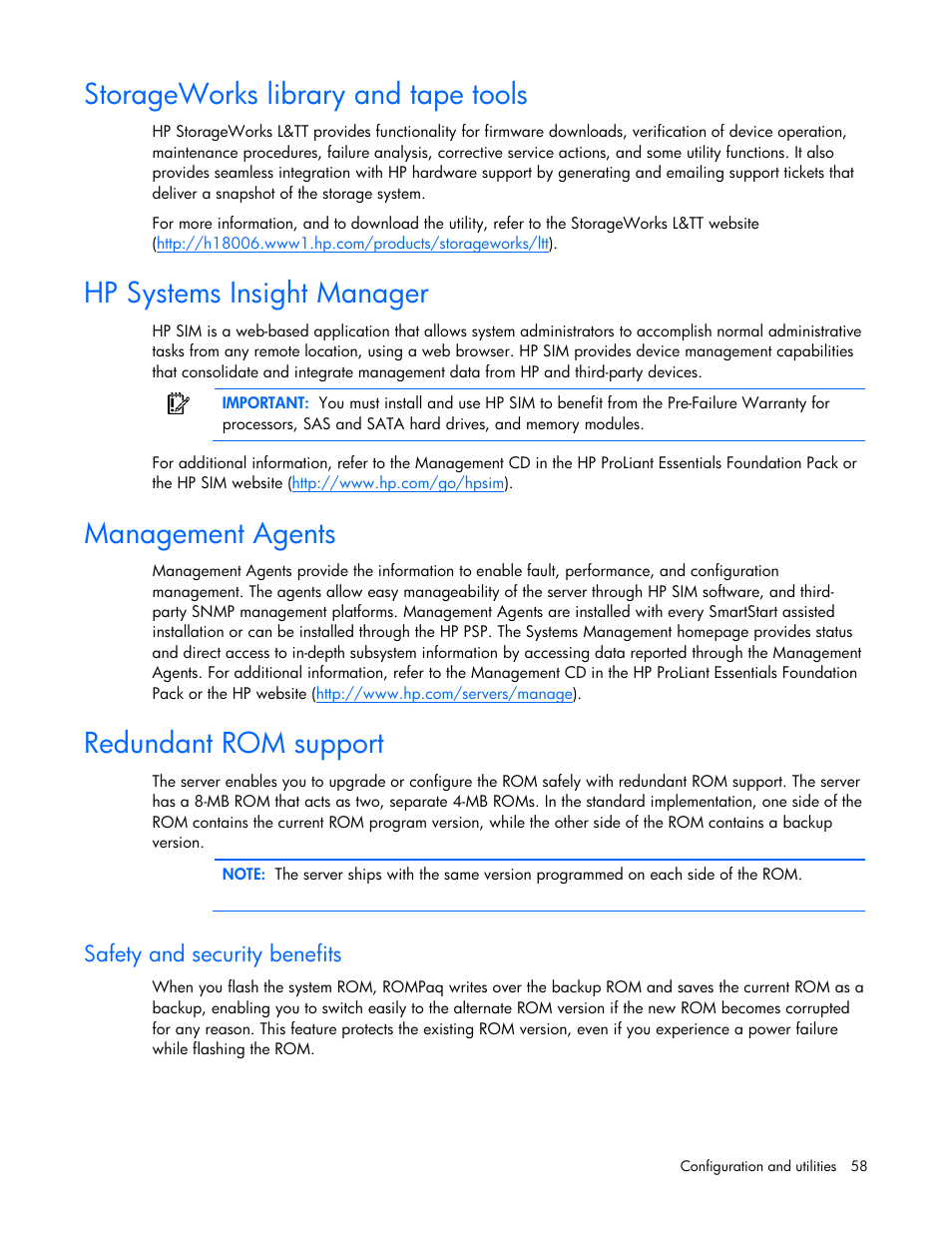 Storageworks library and tape tools, Hp systems insight manager, Management agents | Redundant rom support, Safety and security benefits | HP PROLIANT DL320 G6 User Manual | Page 58 / 105