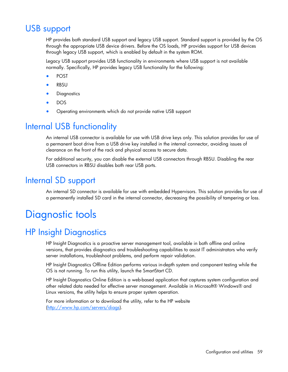 Usb support, Internal usb functionality, Internal sd support | Diagnostic tools, Hp insight diagnostics | HP PROLIANT DL320 G6 User Manual | Page 59 / 105