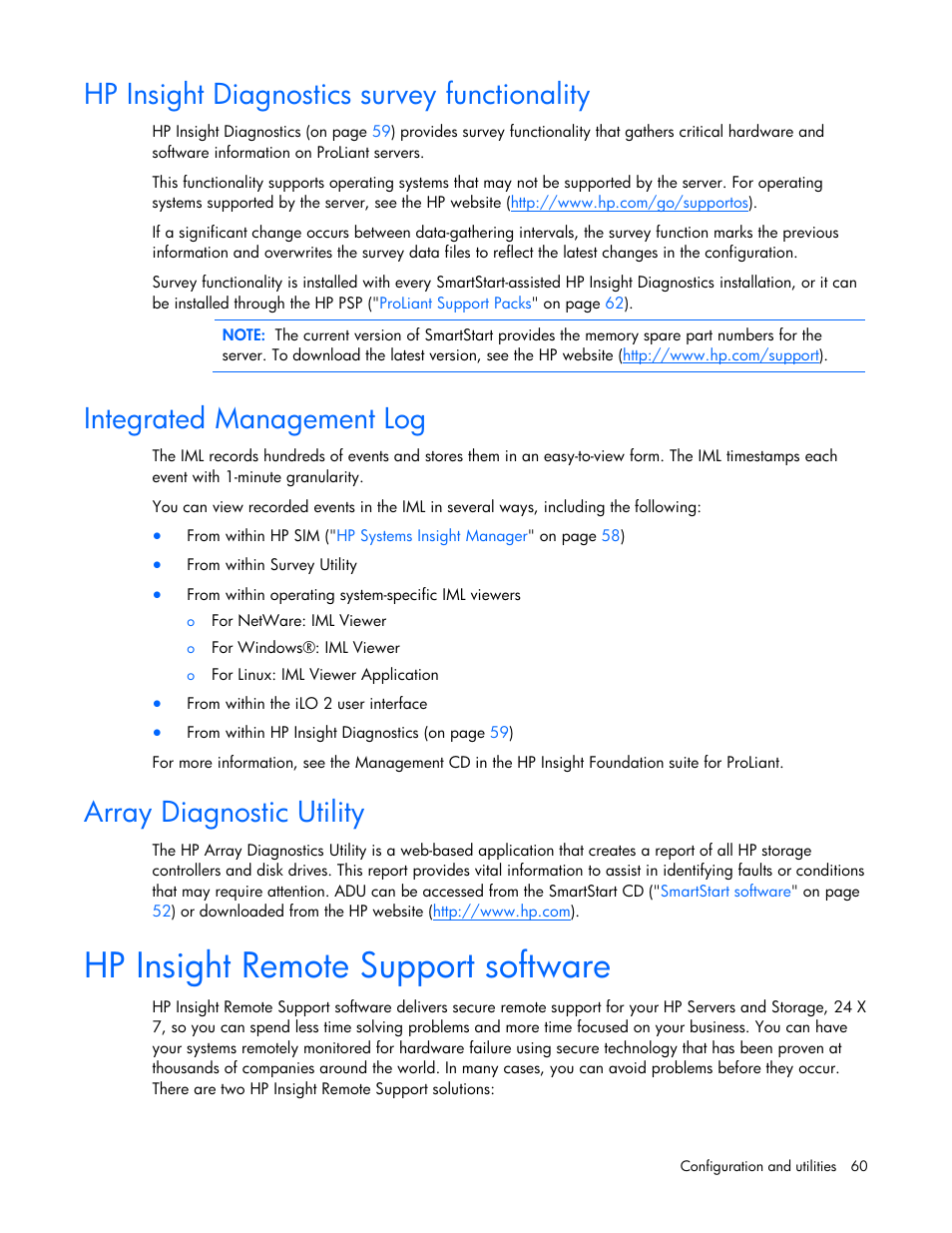 Hp insight diagnostics survey functionality, Integrated management log, Array diagnostic utility | Hp insight remote support software | HP PROLIANT DL320 G6 User Manual | Page 60 / 105
