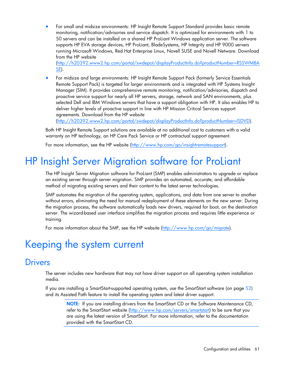 Hp insight server migration software for proliant, Keeping the system current, Drivers | HP PROLIANT DL320 G6 User Manual | Page 61 / 105