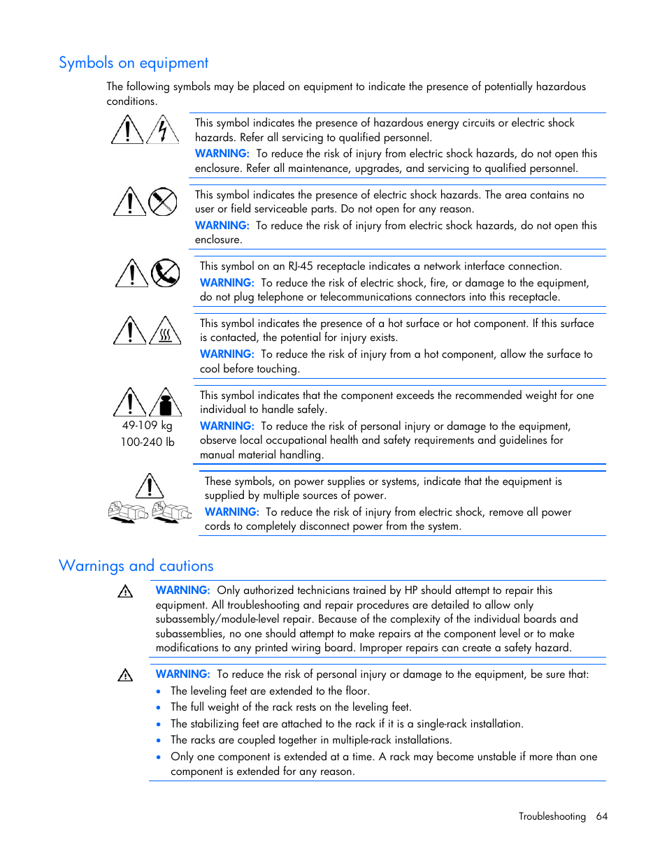 Symbols on equipment, Warnings and cautions | HP PROLIANT DL320 G6 User Manual | Page 64 / 105