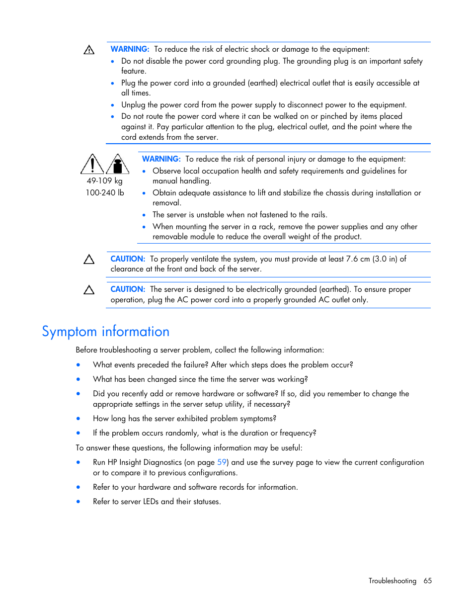Symptom information | HP PROLIANT DL320 G6 User Manual | Page 65 / 105