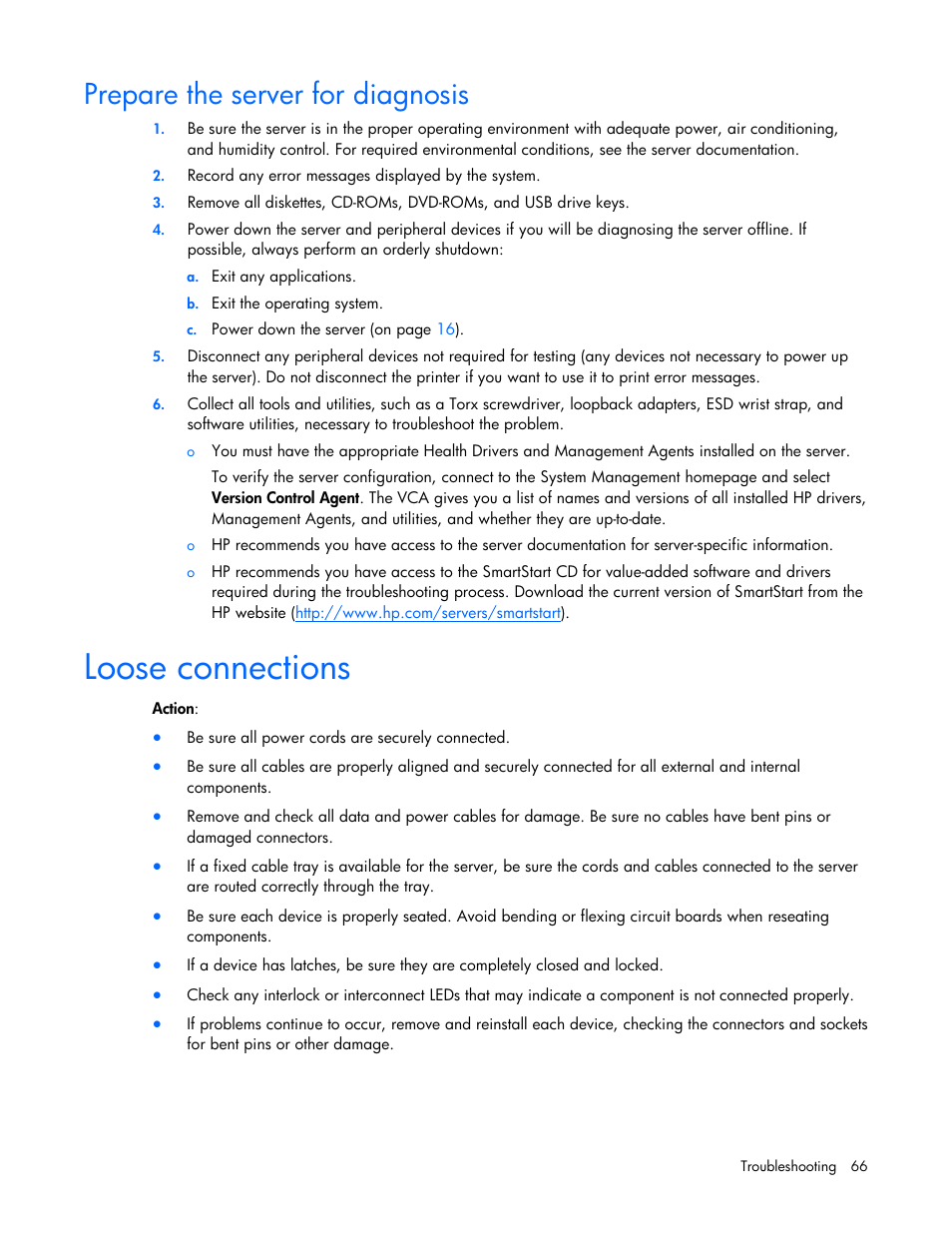 Prepare the server for diagnosis, Loose connections | HP PROLIANT DL320 G6 User Manual | Page 66 / 105