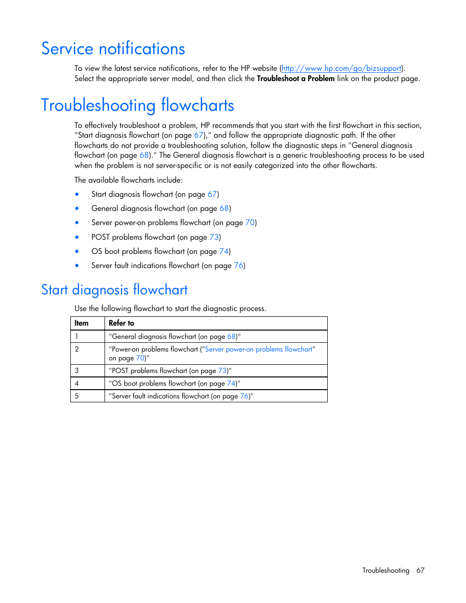 Service notifications, Troubleshooting flowcharts, Start diagnosis flowchart | Service notifications troubleshooting flowcharts | HP PROLIANT DL320 G6 User Manual | Page 67 / 105