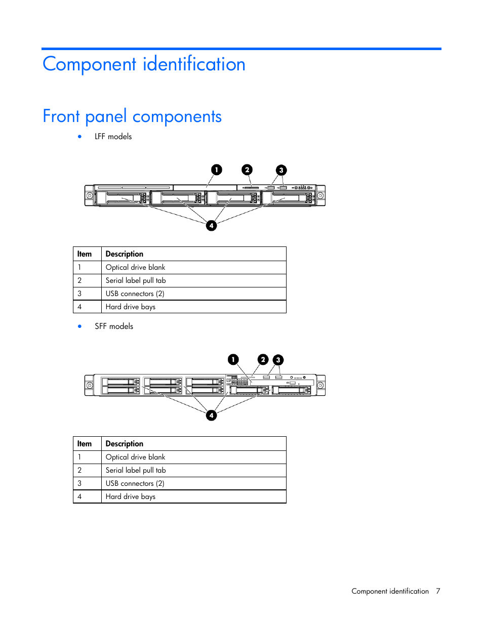 Component identification, Front panel components | HP PROLIANT DL320 G6 User Manual | Page 7 / 105