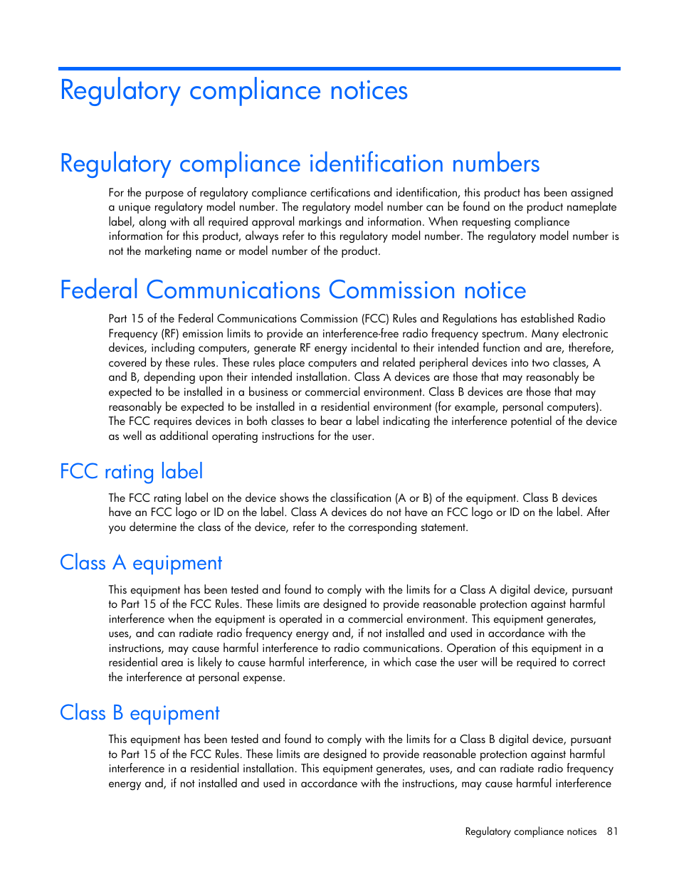 Regulatory compliance notices, Regulatory compliance identification numbers, Federal communications commission notice | Fcc rating label, Class a equipment, Class b equipment | HP PROLIANT DL320 G6 User Manual | Page 81 / 105