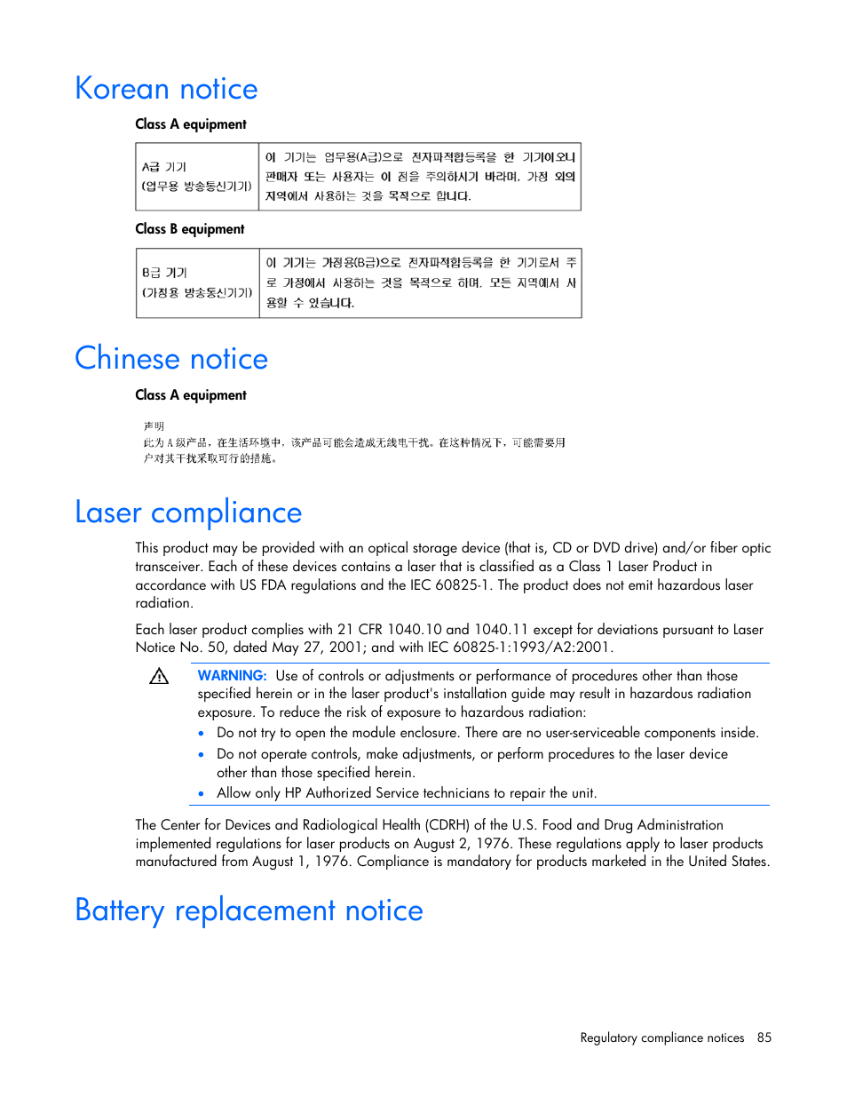 Korean notice, Chinese notice, Laser compliance | Battery replacement notice | HP PROLIANT DL320 G6 User Manual | Page 85 / 105