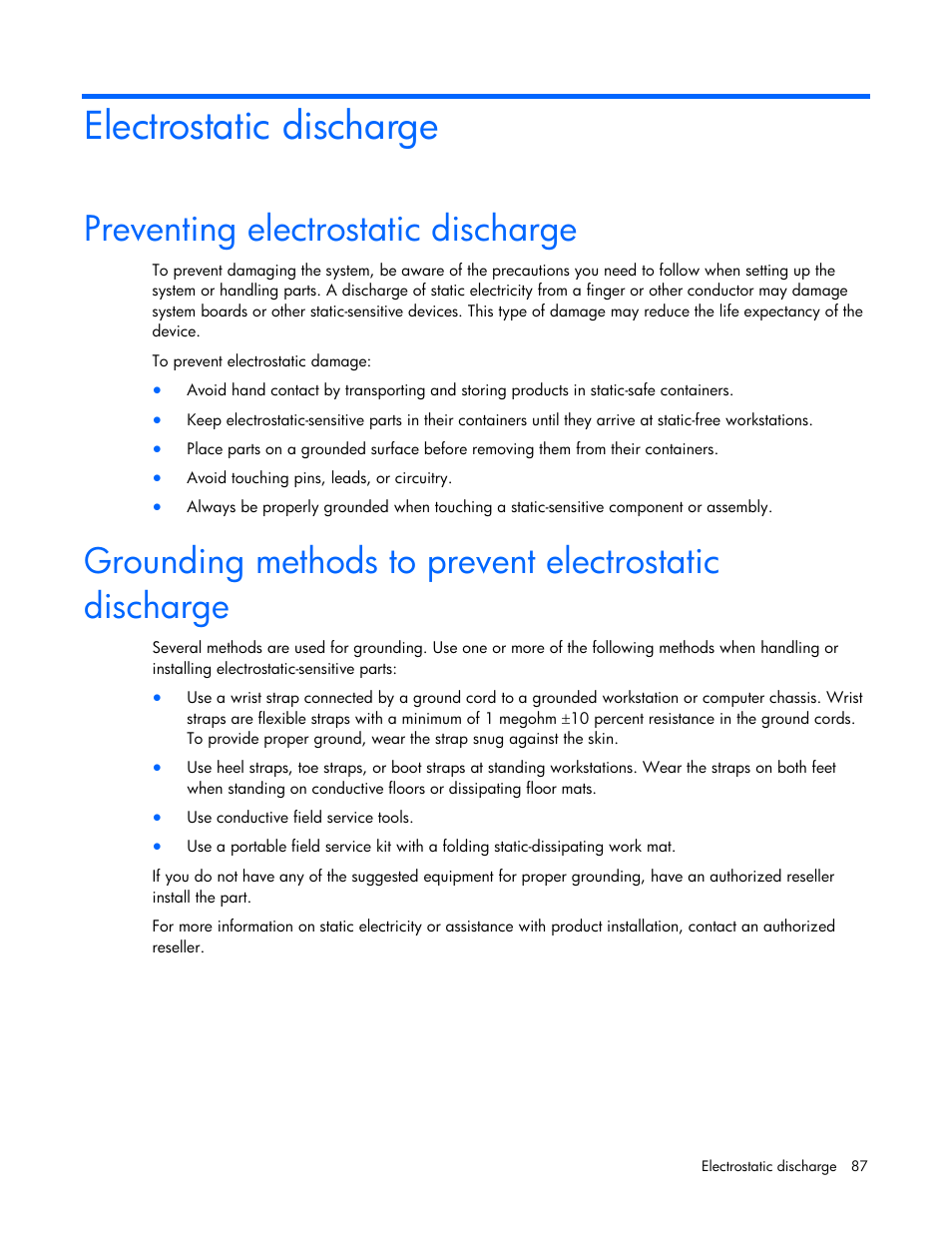 Electrostatic discharge, Preventing electrostatic discharge | HP PROLIANT DL320 G6 User Manual | Page 87 / 105