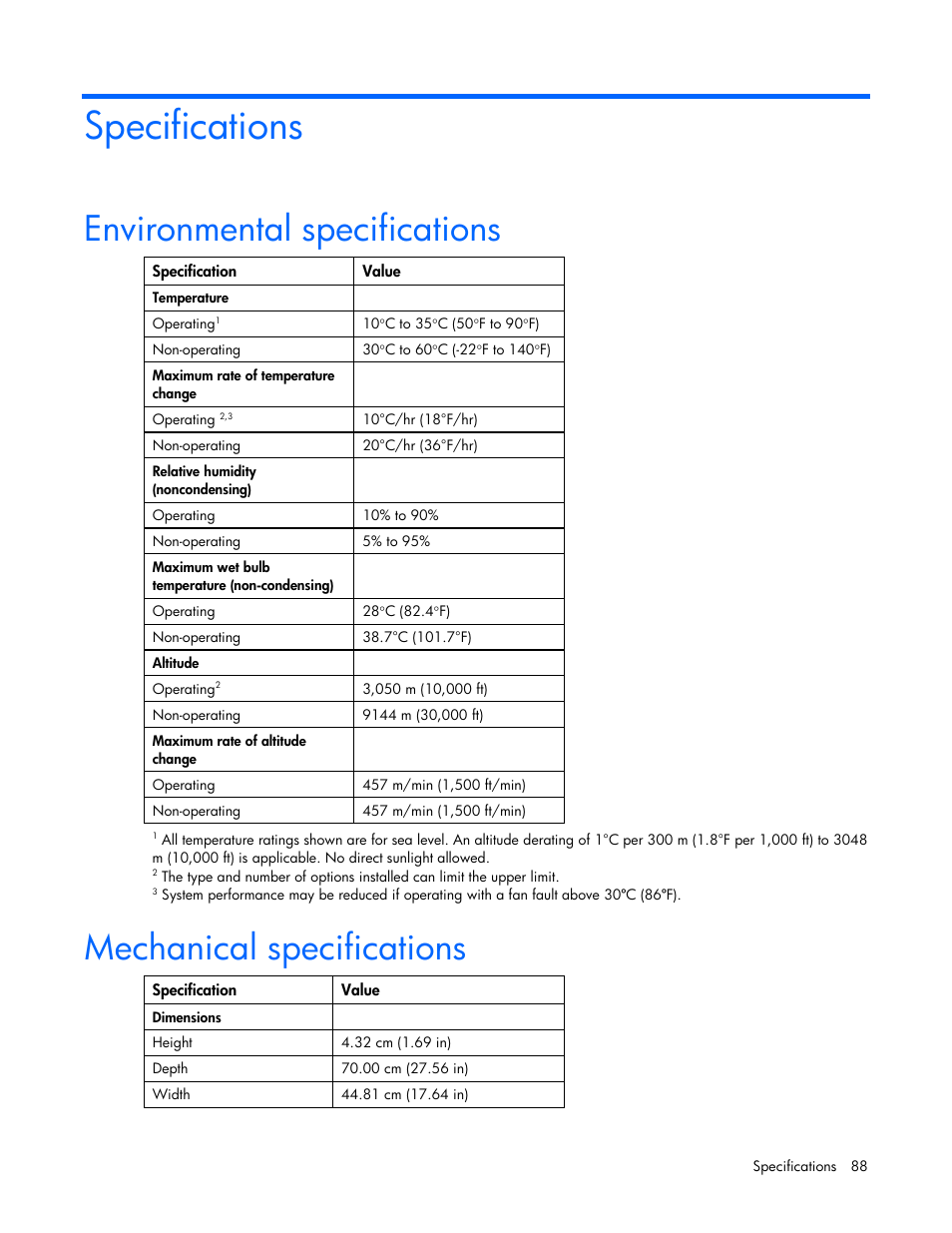 Specifications, Environmental specifications, Mechanical specifications | HP PROLIANT DL320 G6 User Manual | Page 88 / 105