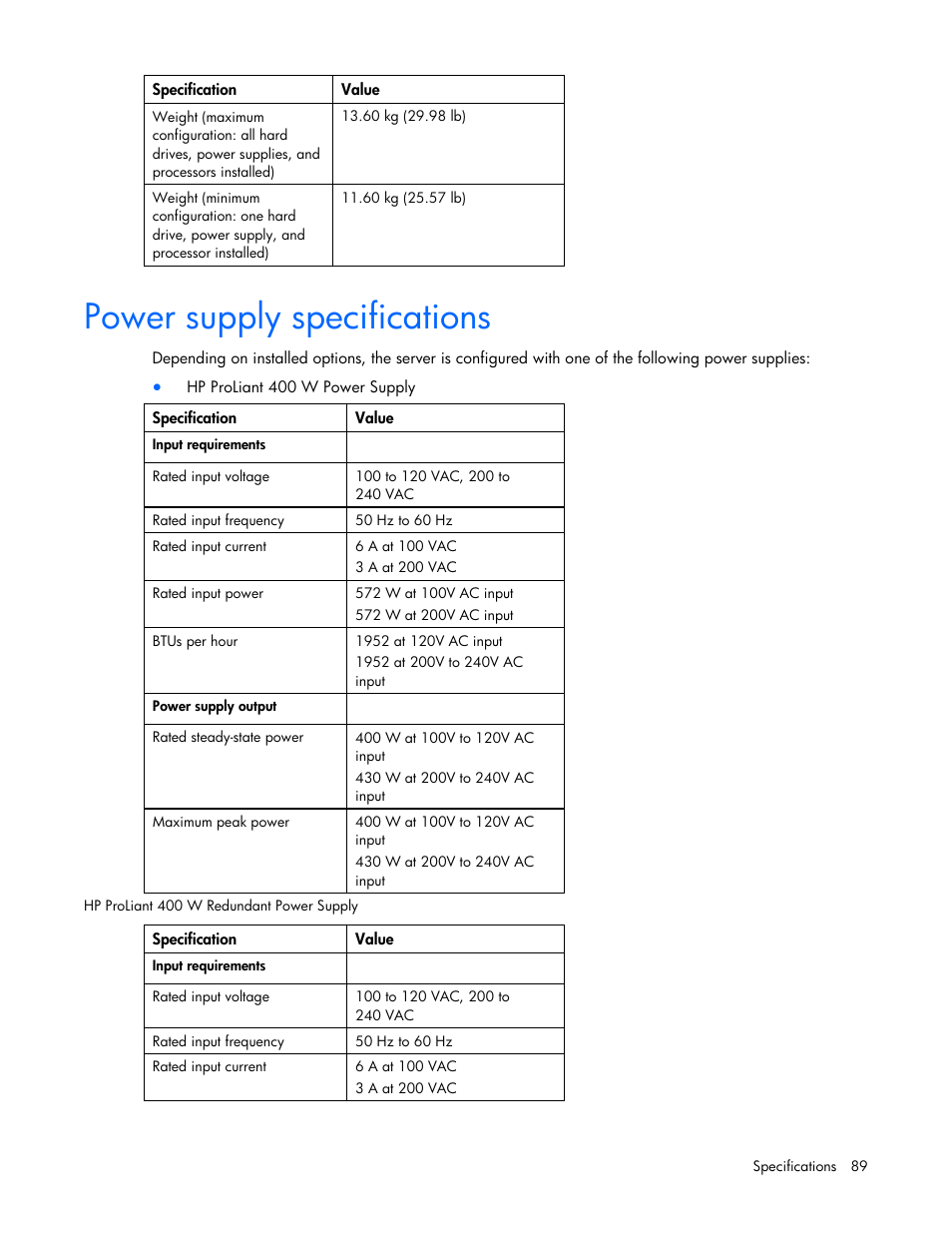 Power supply specifications | HP PROLIANT DL320 G6 User Manual | Page 89 / 105