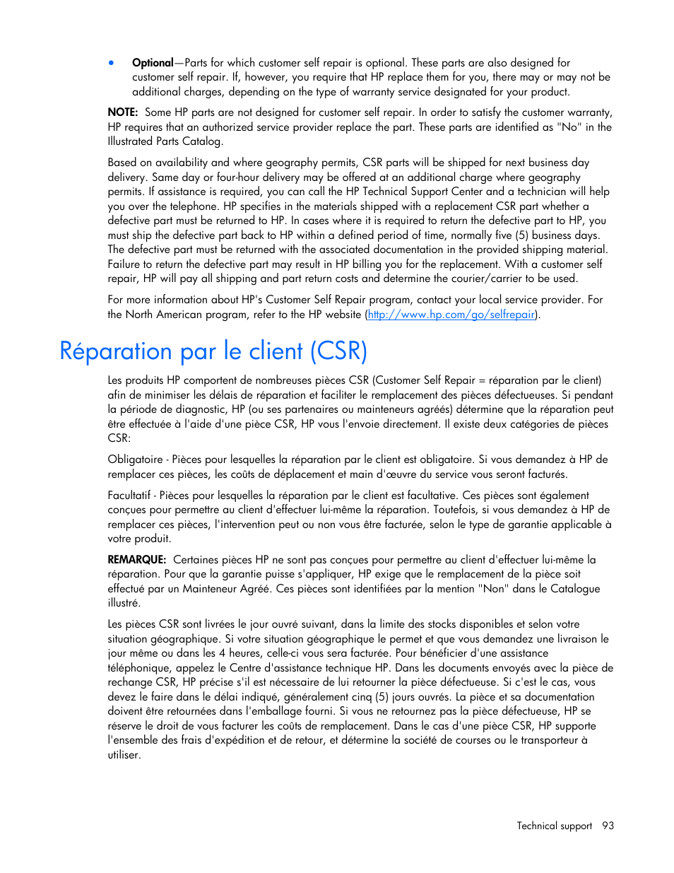 Réparation par le client (csr) | HP PROLIANT DL320 G6 User Manual | Page 93 / 105