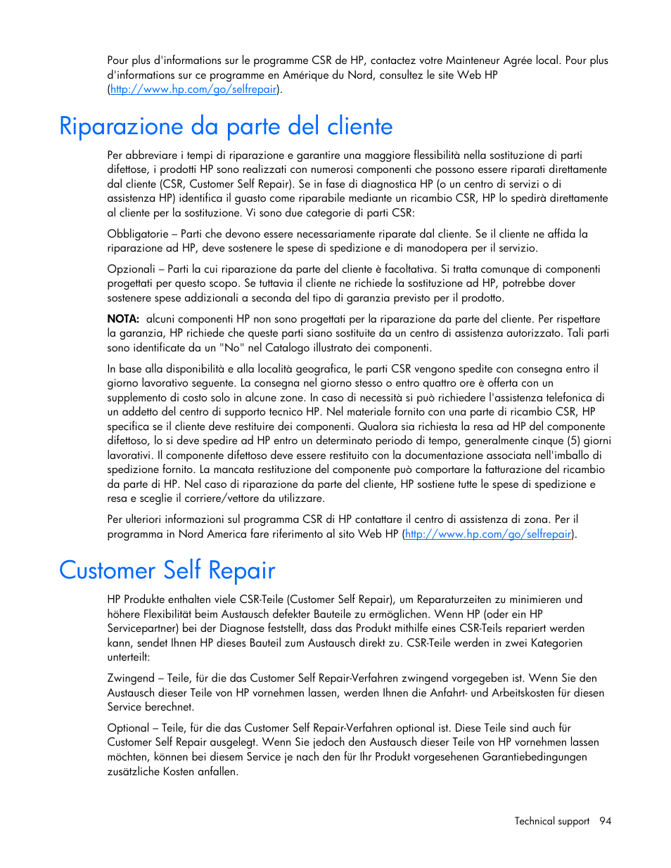 Riparazione da parte del cliente, Customer self repair | HP PROLIANT DL320 G6 User Manual | Page 94 / 105