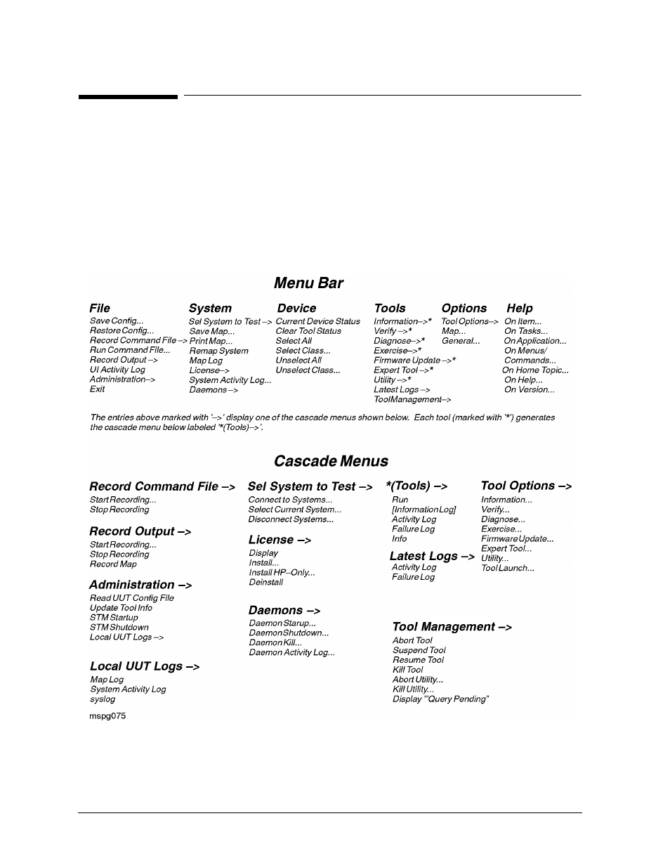 Menus and commands, Xstm menus and commands | HP B6191-90015a User Manual | Page 40 / 81