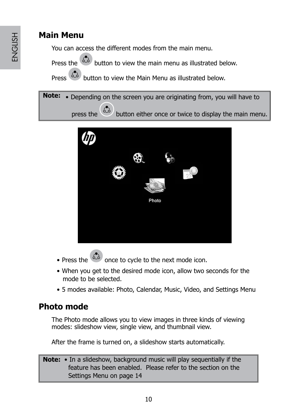 Main menu, Photo mode | HP DF808 User Manual | Page 12 / 23