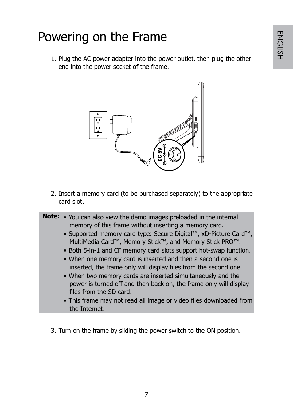 Powering on the frame | HP DF808 User Manual | Page 9 / 23