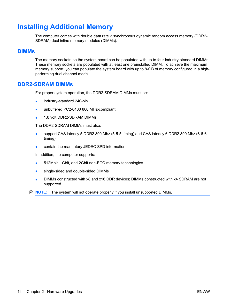 Installing additional memory, Dimms, Ddr2-sdram dimms | Dimms ddr2-sdram dimms | HP DX7500 User Manual | Page 20 / 58