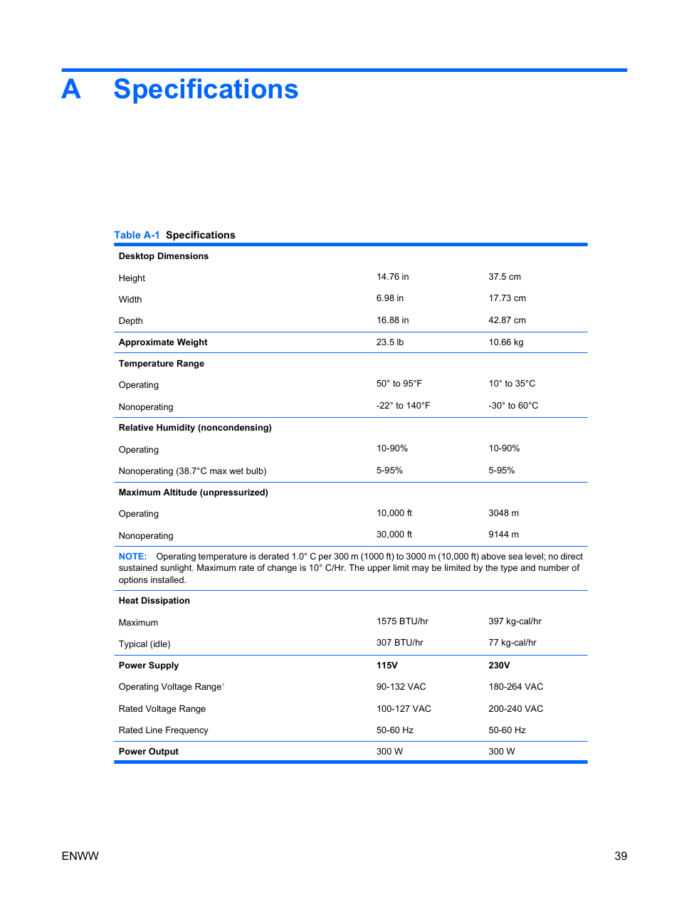 Specifications, Appendix a specifications, Aspecifications | HP DX7500 User Manual | Page 45 / 58