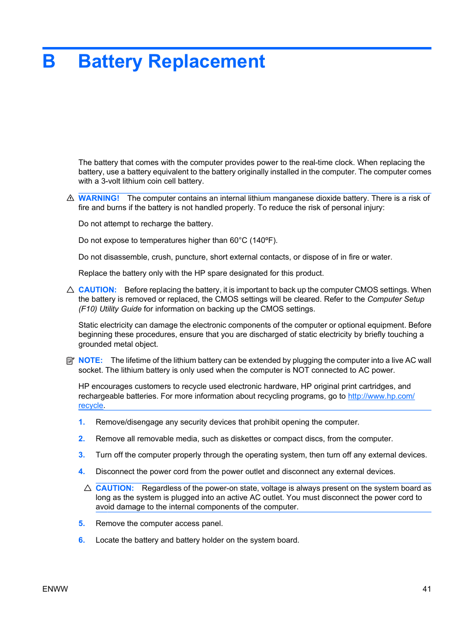 Battery replacement, Appendix b battery replacement, Bbattery replacement | HP DX7500 User Manual | Page 47 / 58