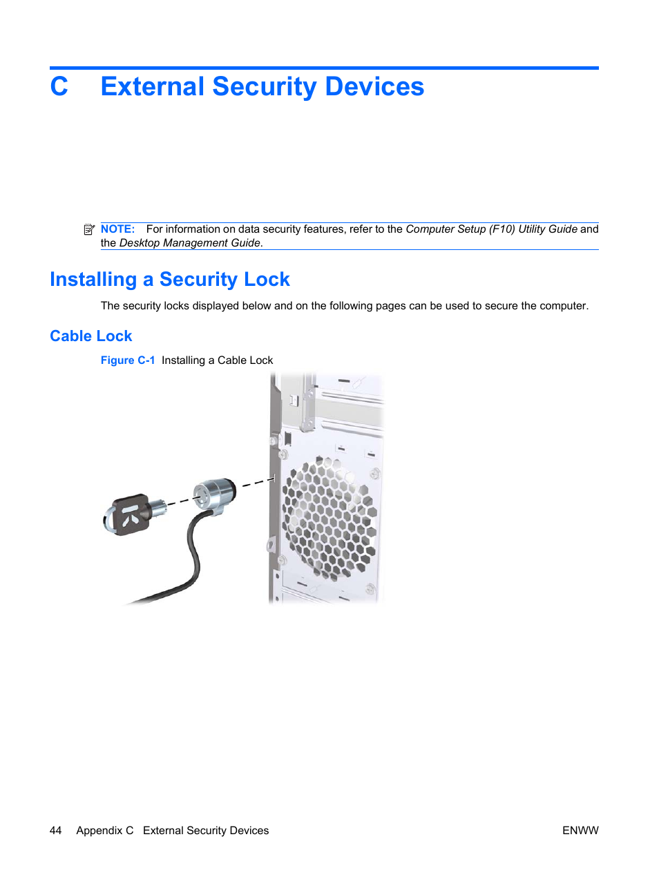 External security devices, Installing a security lock, Cable lock | Appendix c external security devices, Cexternal security devices | HP DX7500 User Manual | Page 50 / 58
