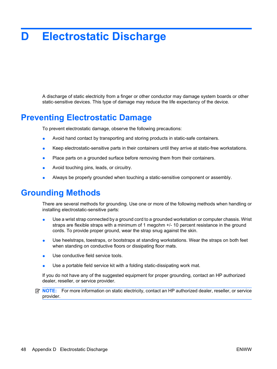 Electrostatic discharge, Preventing electrostatic damage, Grounding methods | Appendix d electrostatic discharge, Preventing electrostatic damage grounding methods, Delectrostatic discharge | HP DX7500 User Manual | Page 54 / 58