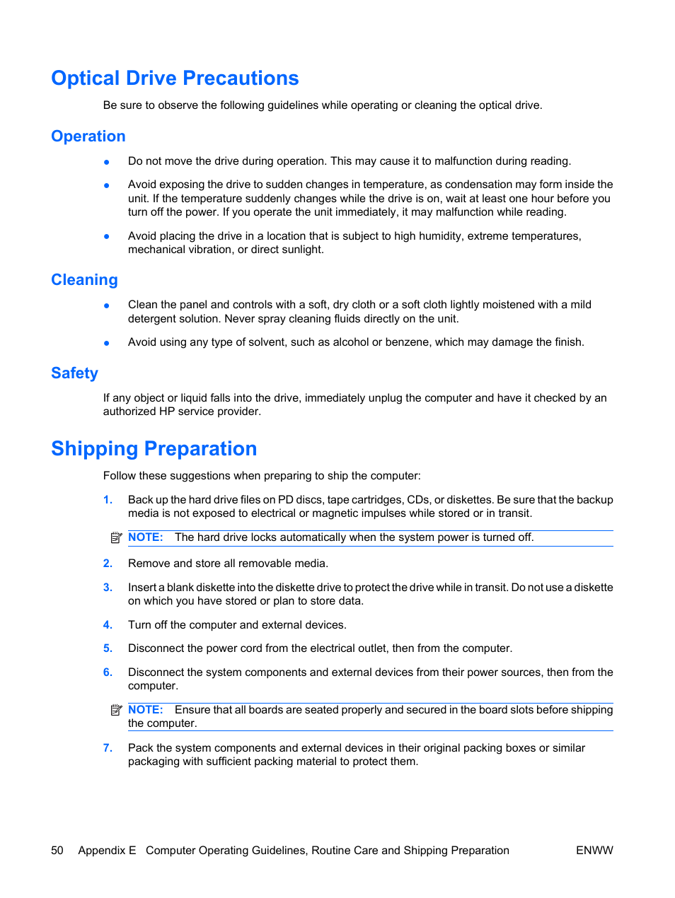 Optical drive precautions, Operation, Cleaning | Safety, Shipping preparation, Operation cleaning safety | HP DX7500 User Manual | Page 56 / 58