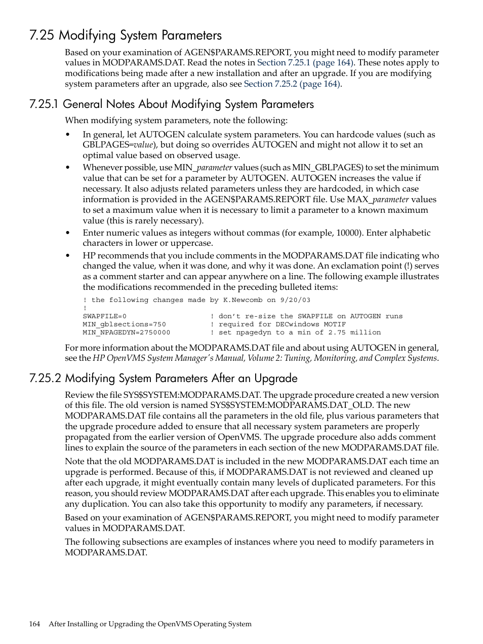 25 modifying system parameters, 1 general notes about modifying system parameters, 2 modifying system parameters after an upgrade | HP BA322 90087 User Manual | Page 164 / 346