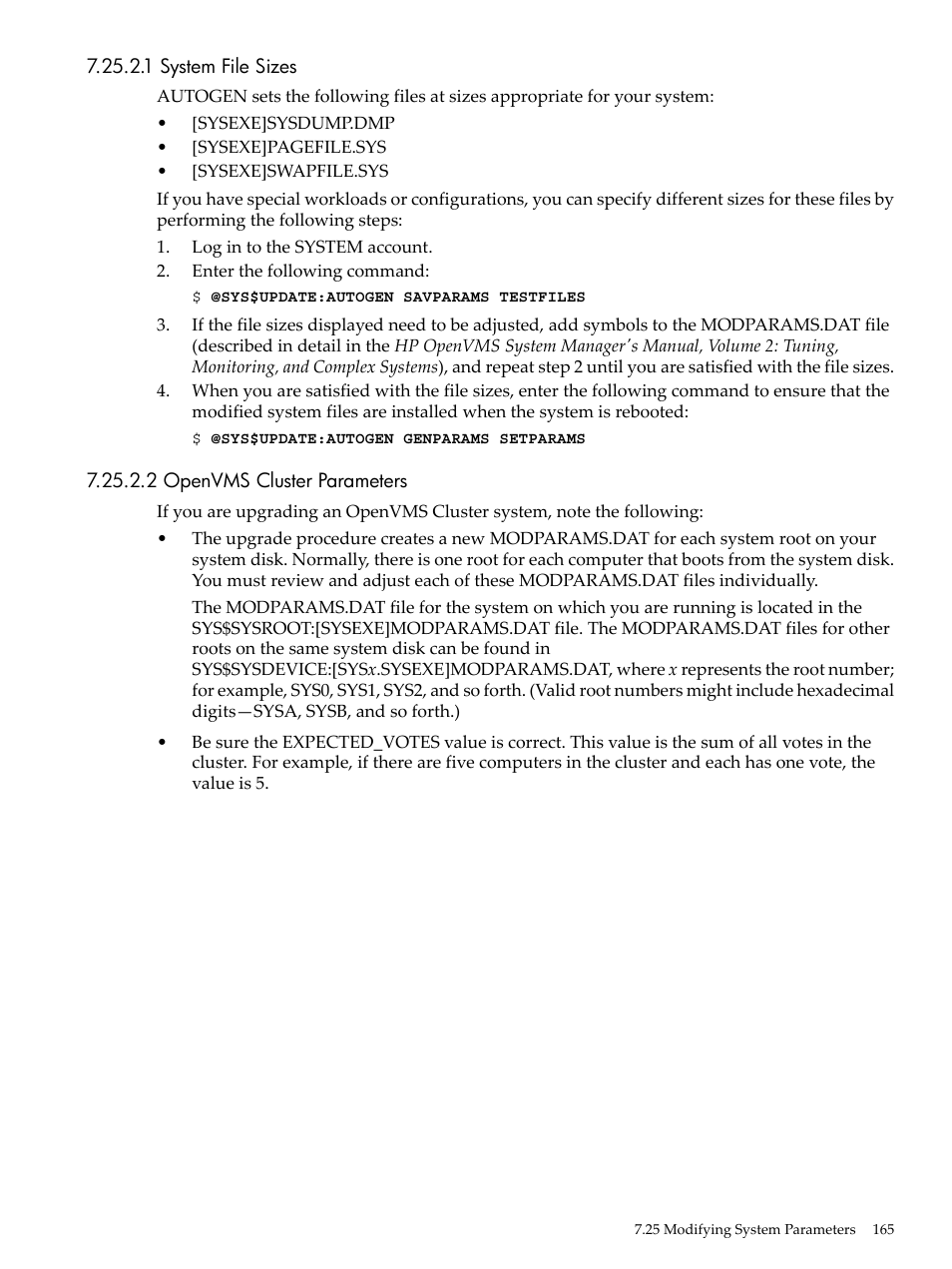 1 system file sizes, 2 openvms cluster parameters | HP BA322 90087 User Manual | Page 165 / 346