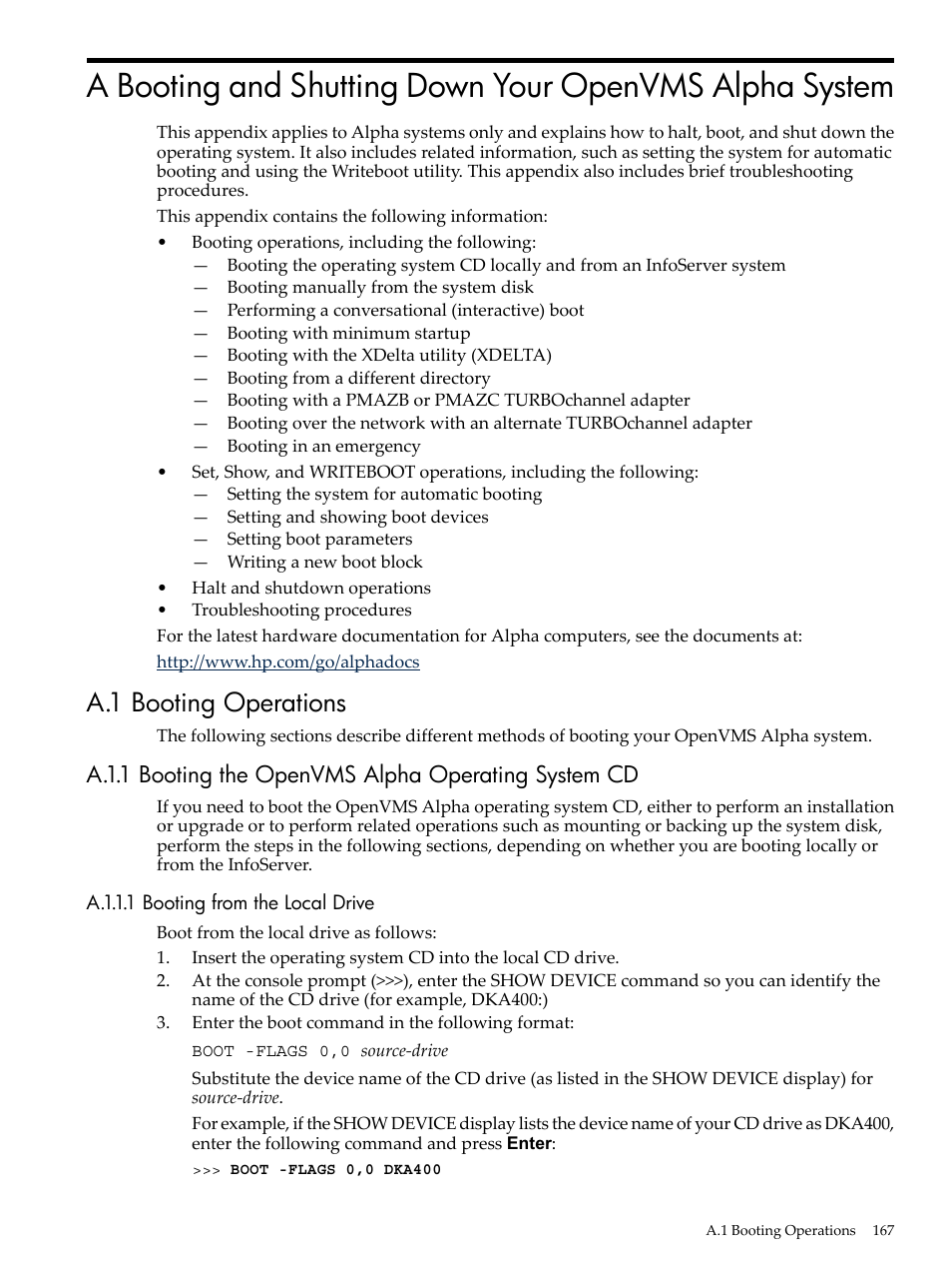 A.1 booting operations, A.1.1.1 booting from the local drive, Appendix a | HP BA322 90087 User Manual | Page 167 / 346