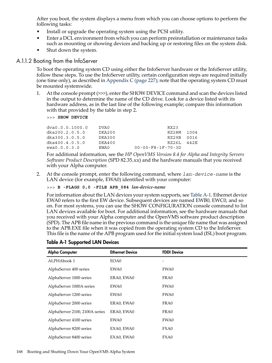 A.1.1.2 booting from the infoserver, Supported lan devices | HP BA322 90087 User Manual | Page 168 / 346