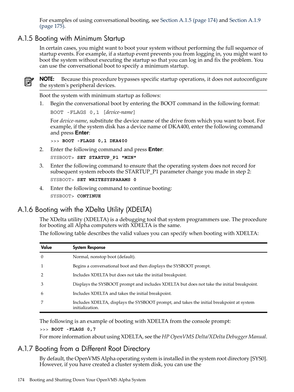 A.1.5 booting with minimum startup, A.1.6 booting with the xdelta utility (xdelta), A.1.7 booting from a different root directory | HP BA322 90087 User Manual | Page 174 / 346