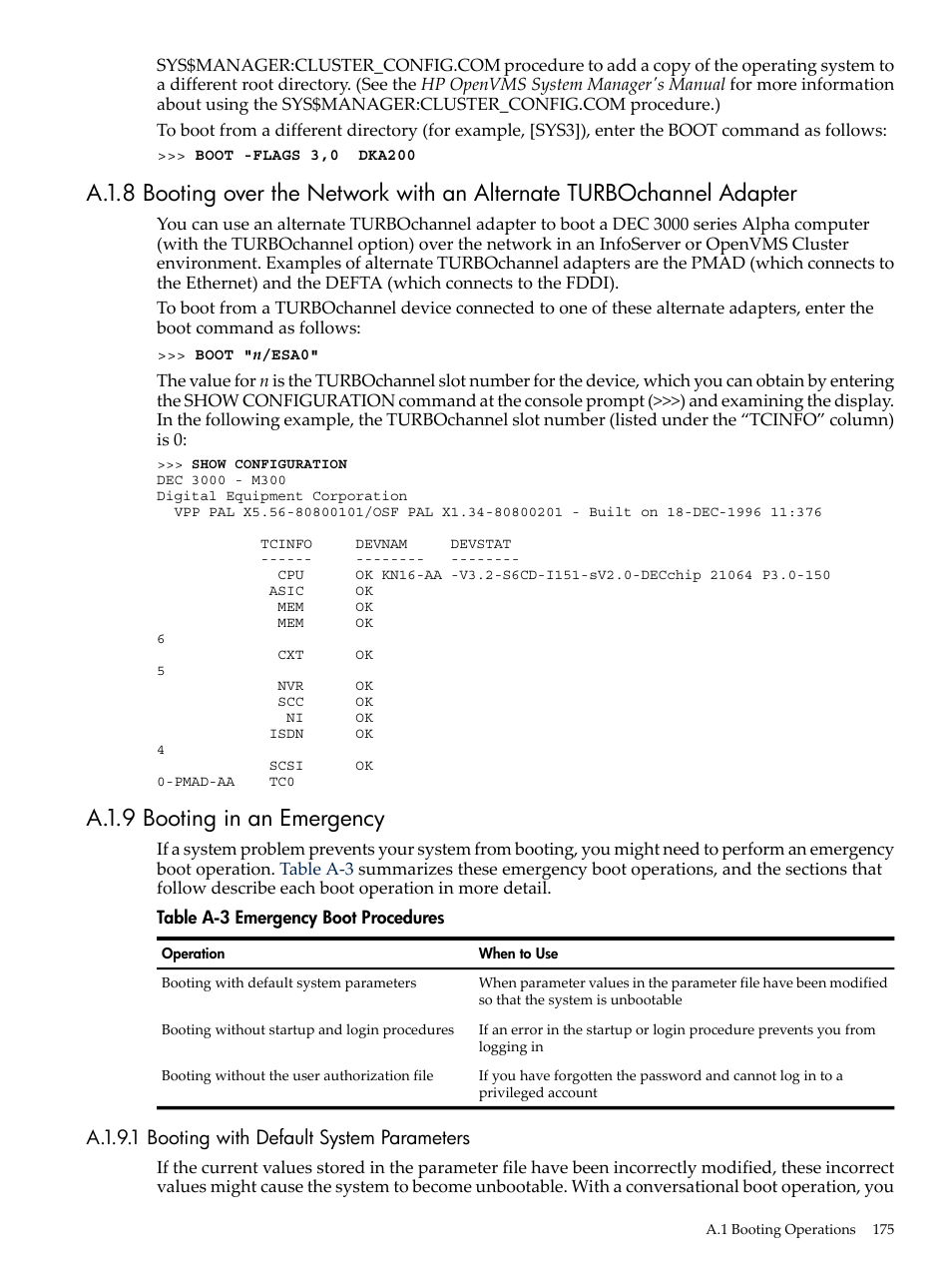 A.1.9 booting in an emergency, A.1.9.1 booting with default system parameters, Emergency boot procedures | Section a.1.8, Section a.1.9 | HP BA322 90087 User Manual | Page 175 / 346